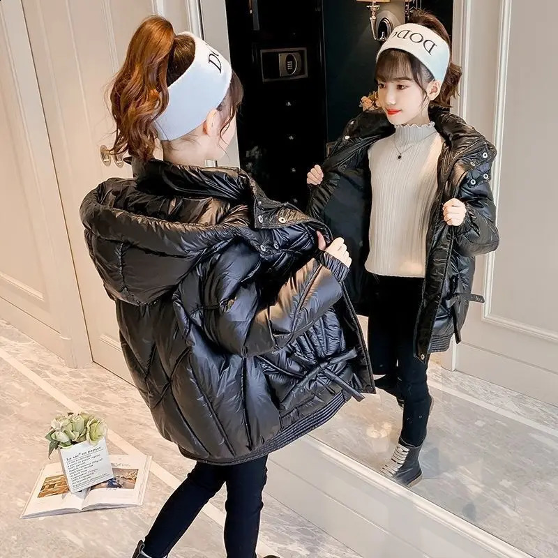 RAISE Autumn Winter Jacket For Girl Kid Baby Girl Shiny Solid Warm Hooded Outerwear Coat 4-14Y Teenager Cotton Parka Outift 240919
