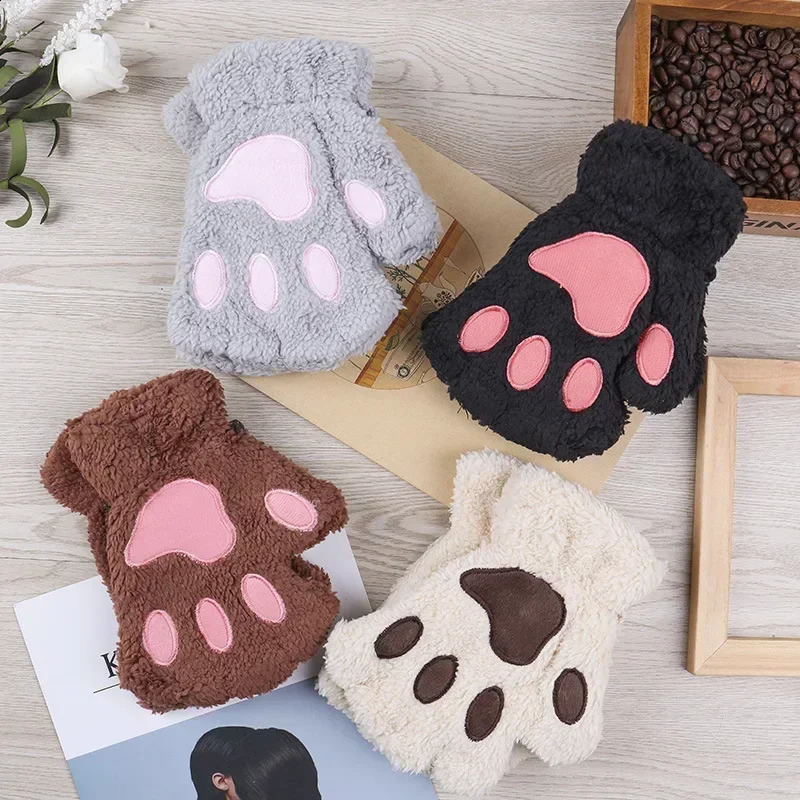 Kawaii Womens Cat Gloves Fashion Girls Cat Claw Plush Gloves Warm and Soft Plush Short Fingered Half Fingered Winter Gloves 241206