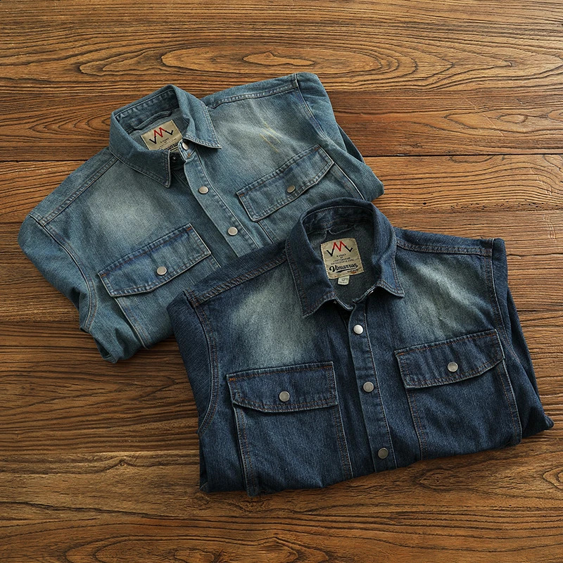 Mens denim jacket autumn loose casual shirt fashionable pocket cargo 240921