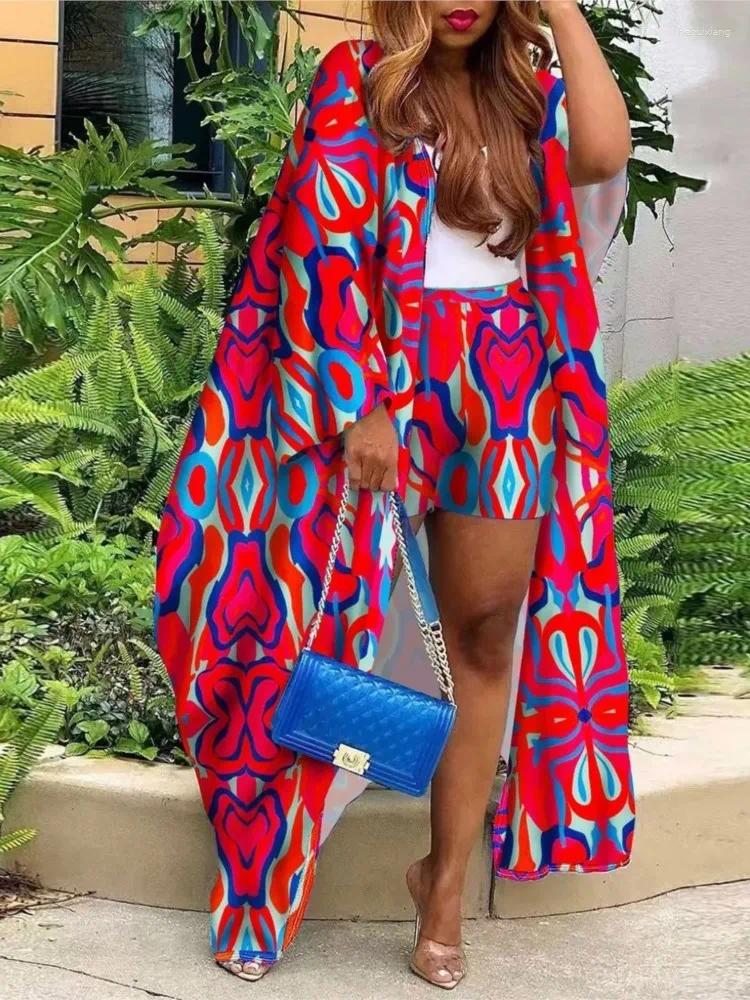 Women's Tracksuits Spring Summer Casual Coat Shorts Set Office Lady Fashion Elegant Print Jacket Robe Pant Two Piece Women Outfit 2024