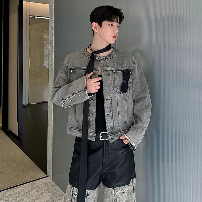 LUZHEN short wash burr rivet collarless jacket mens retro n streetwear Versatile casual top Coats LZ5389 240921