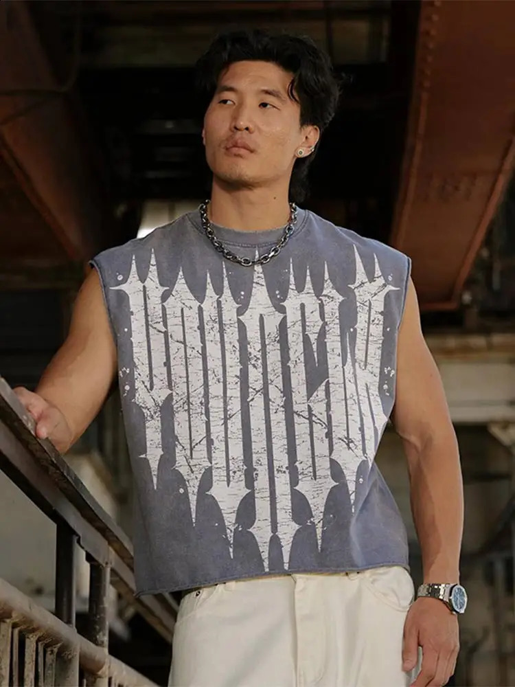 American style printed sleeveless T-shirt mens summer loose basketball vest fashionable street jogging and fitness vest 240923