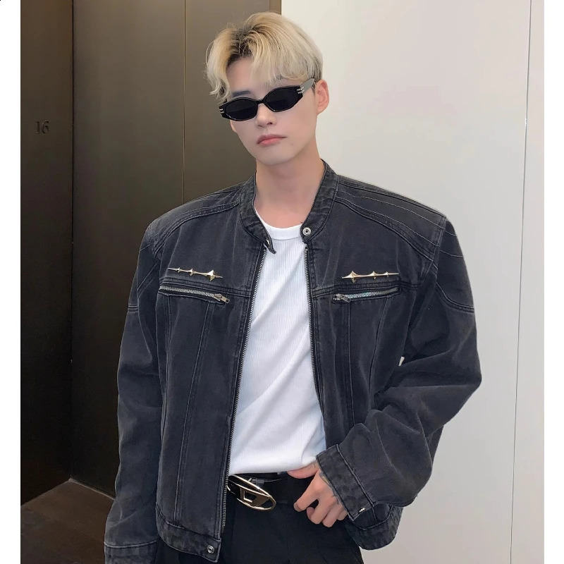 Motorcycle washed denim jacket American street hiphop metal n Distressed Coat zipper pocket loose unisex style 240921