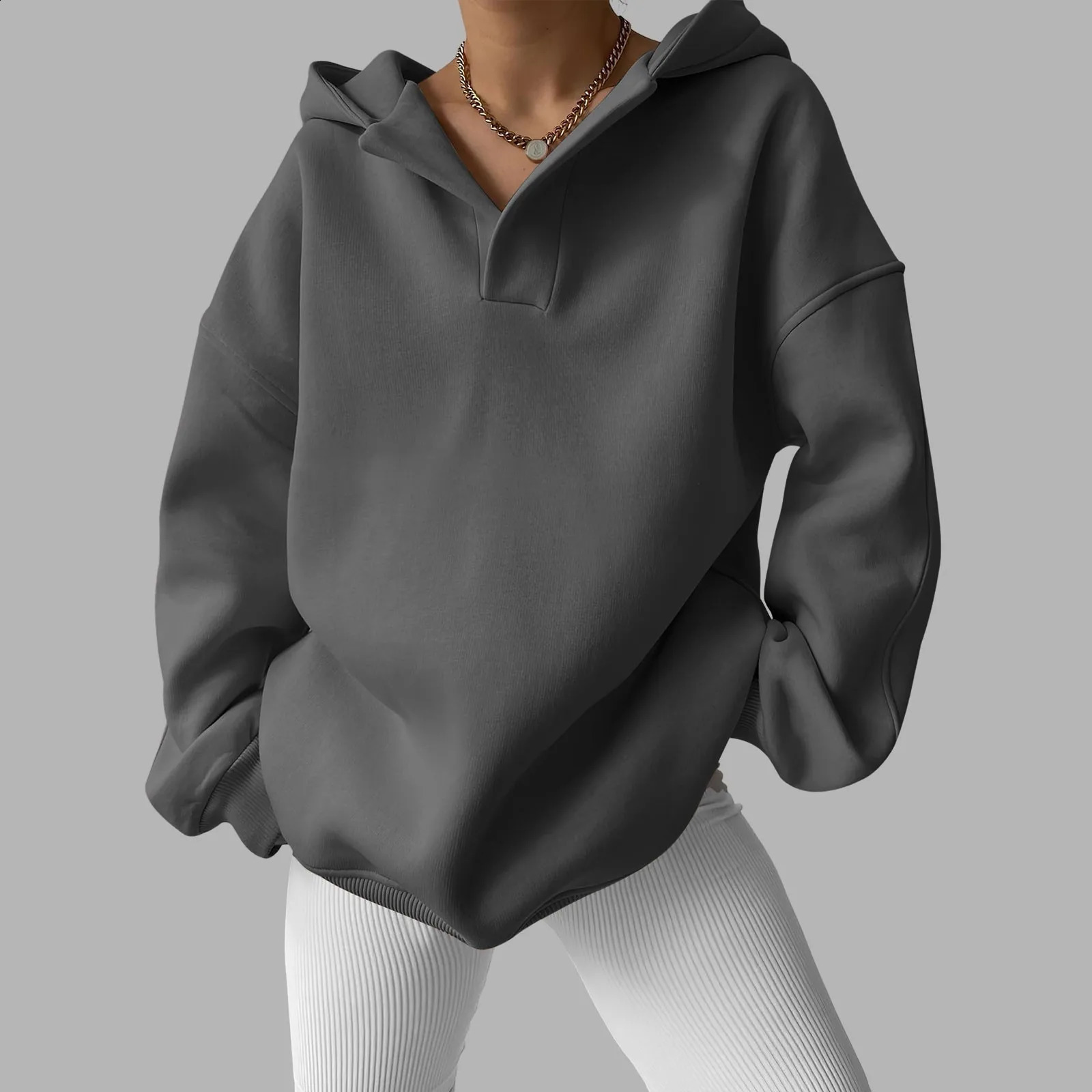 Womens Vneck oversized hooded sweatshirt with pockets classic wool lining womens plain weave 240923
