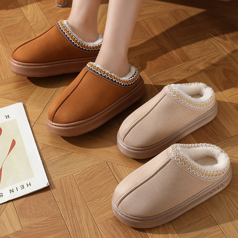 New Autumn Winter Lace Ethnic Style Fashionable For Couples, Indoor And Outdoor Warm Cotton Slippers