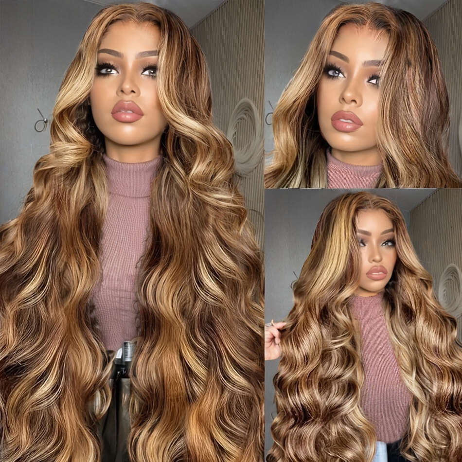 427 Highlight Ombre Colored Body Wave 13X4 Front Human Hair 13X6 HD Transparent Lace Frontal Wig Brazilian For Women