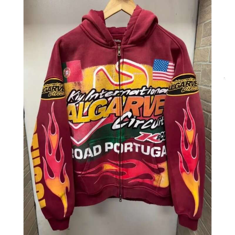 American 2024 European hoodies high street Y2K casual trendy loose and versatile zipper flame letter print super sweatshirt