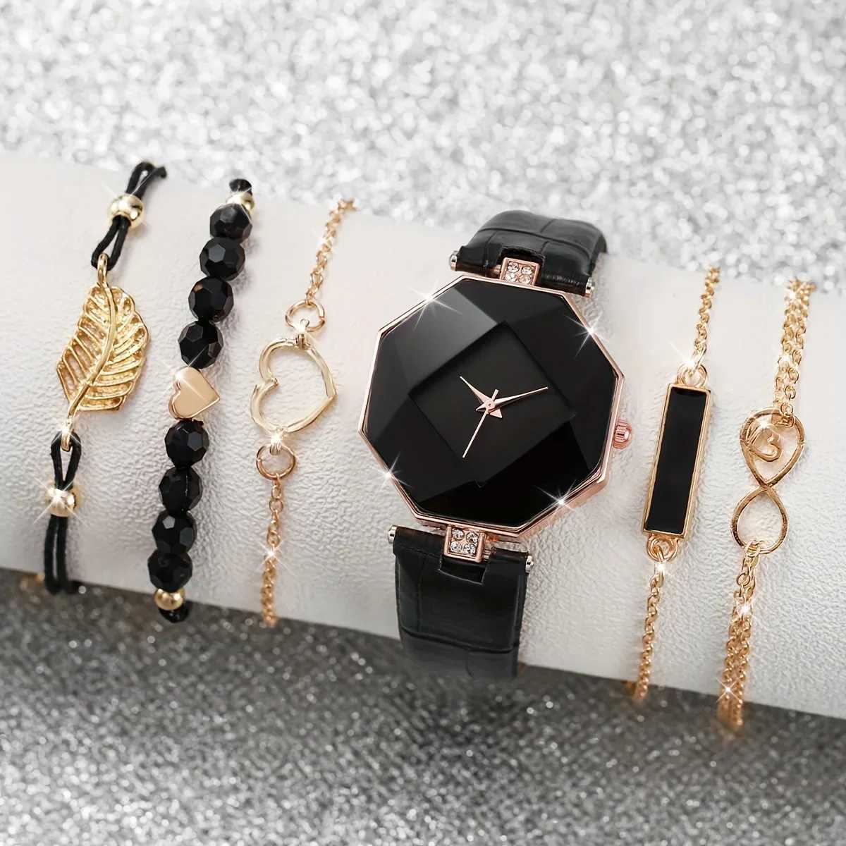 6pcs/set Womens Watch Casual Polygon Pointer Quartz Watch Analog PU Leather Wrist Watch Bracelets Gift For Mom HerX240923