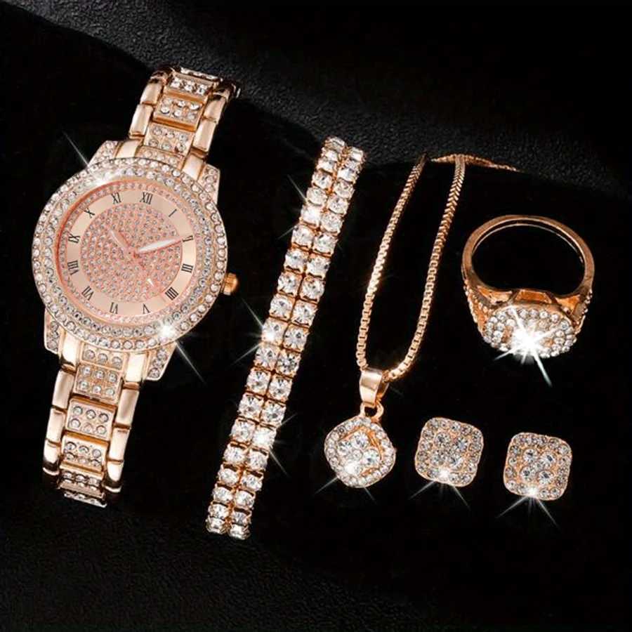 Luxury Rhinestone Quartz Watch Hiphop Fashion Analog Wrist Watch 6pcs Jewelry Set Gift For Women HerX240923