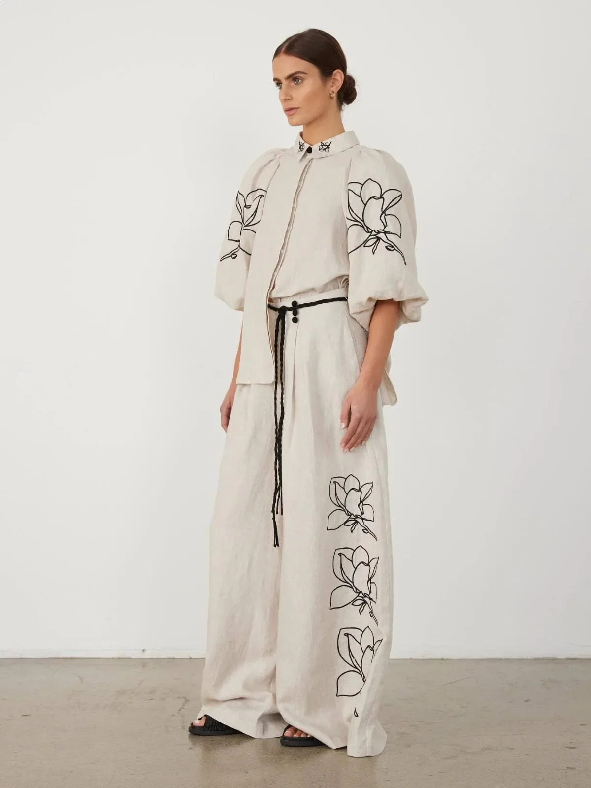 Cotton Sets Linen Stand Collar Lantern Sleeve Loose Flower Tops Wide Leg Oversize Wideleg Pants Summer Female Bubble Sleeve 240921