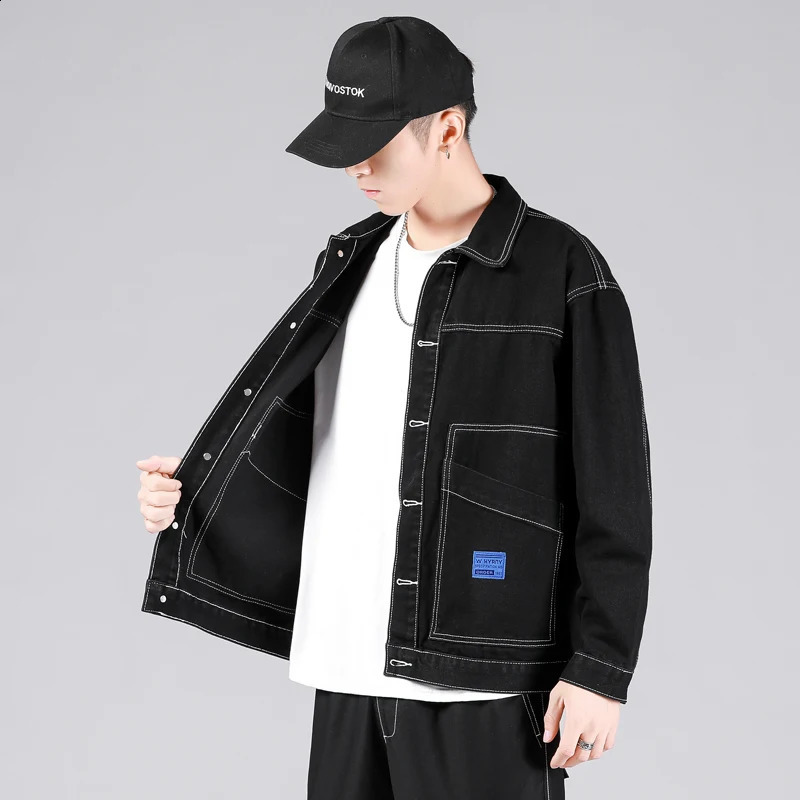 Autumn mens black denim jacket fashionable retro street style casual cotton elastic clothing 240921