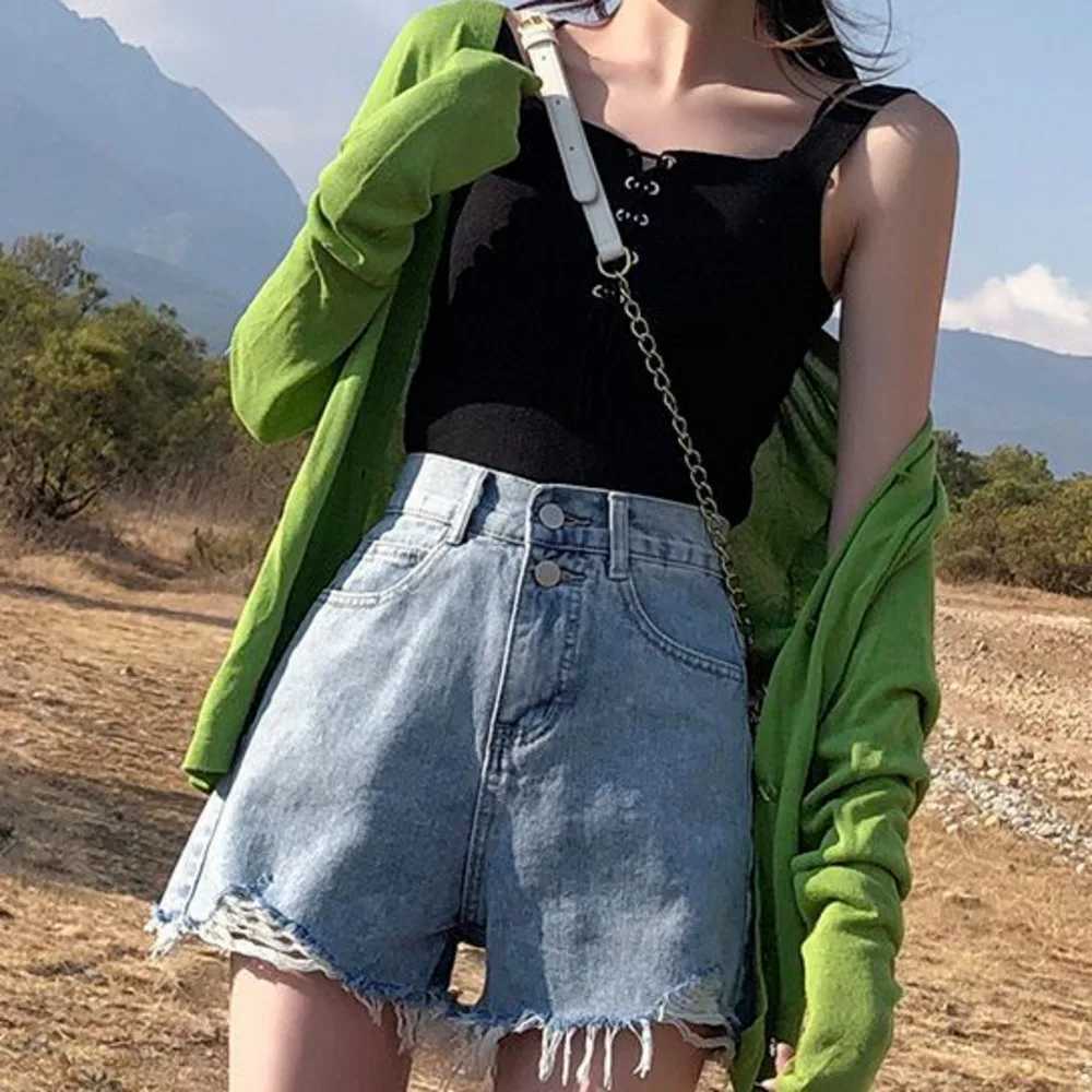Feynzz Fashion New Summer Women High Waist Button Wigh Leg Jeans Shorts Casual Female Loose Fit Blue Denim ShortsX2409