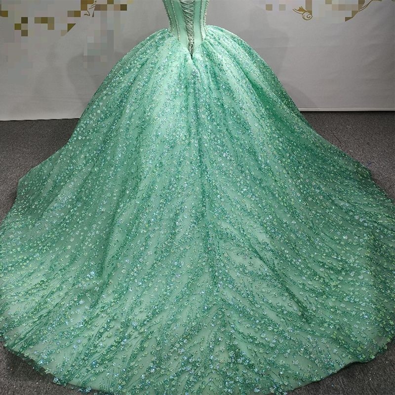 Mint Green Shiny Quinceanera Dresses Off The Shoulder Beading Crystal Tull Sweet 16 Dress Birthday Party Gown Corset Vestidos De 15 Anos