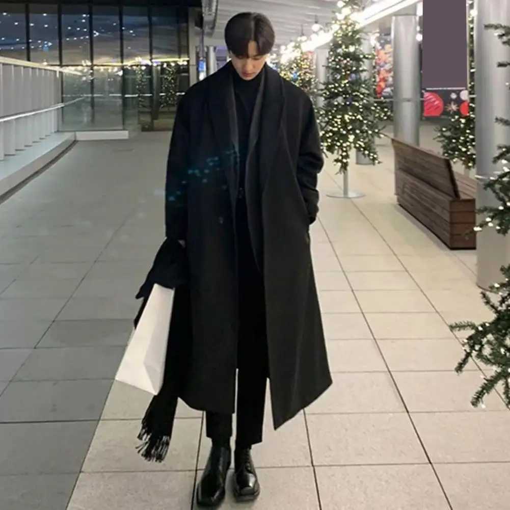 Mens wool coat Korean wool coat mens long wool coat with lapel pockets solid color windproof coat W241211