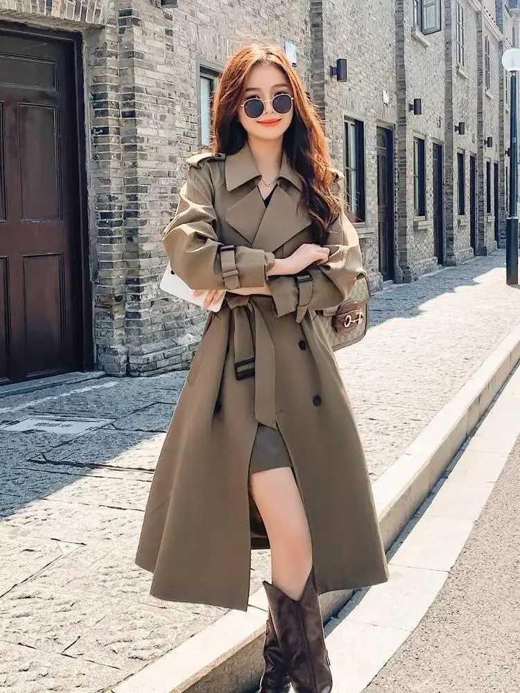 Medium length trench coat womens spliced full sleeve double chest lapel lace waistband jacket long coat temperature W240923