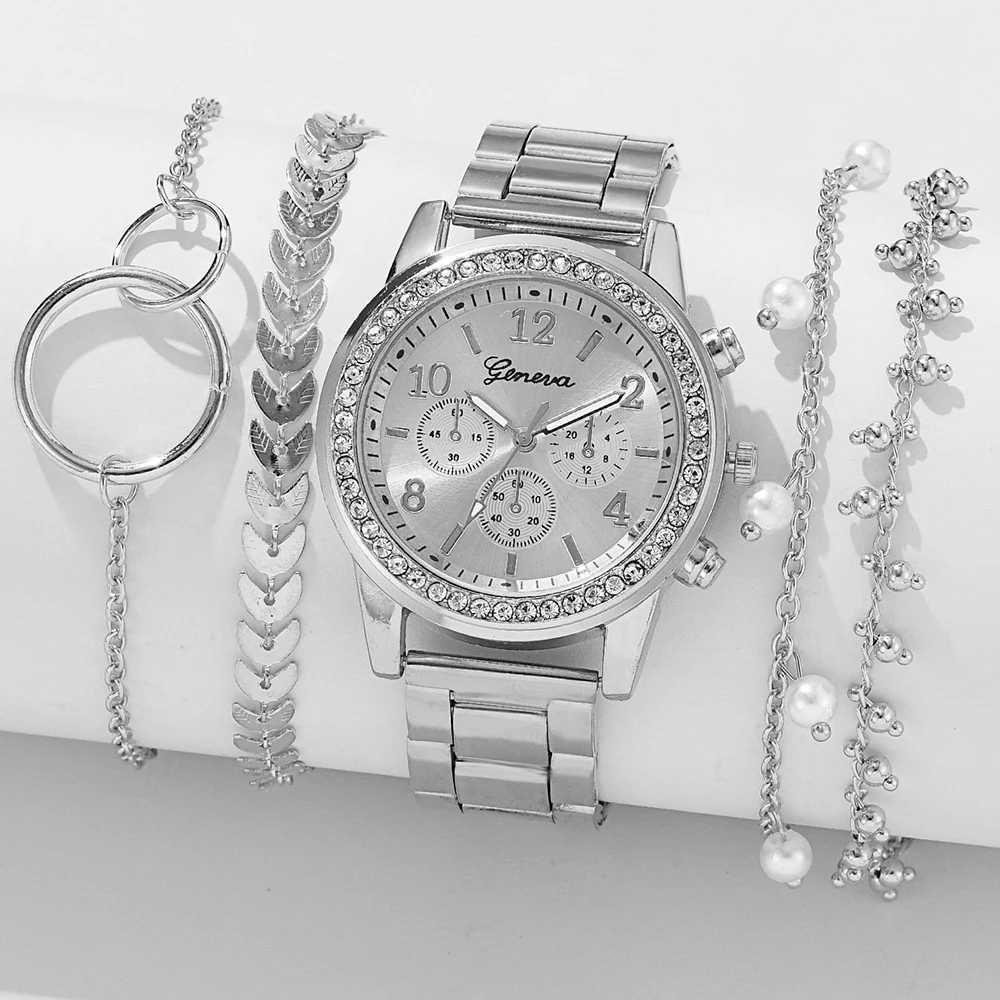 Silver Watch Set Women Fashion 5PCS Round 3 Eyes Quartz Alloy Strap Wristwatch Gift Rhinestone Watch For Women Jewelry SetX2409
