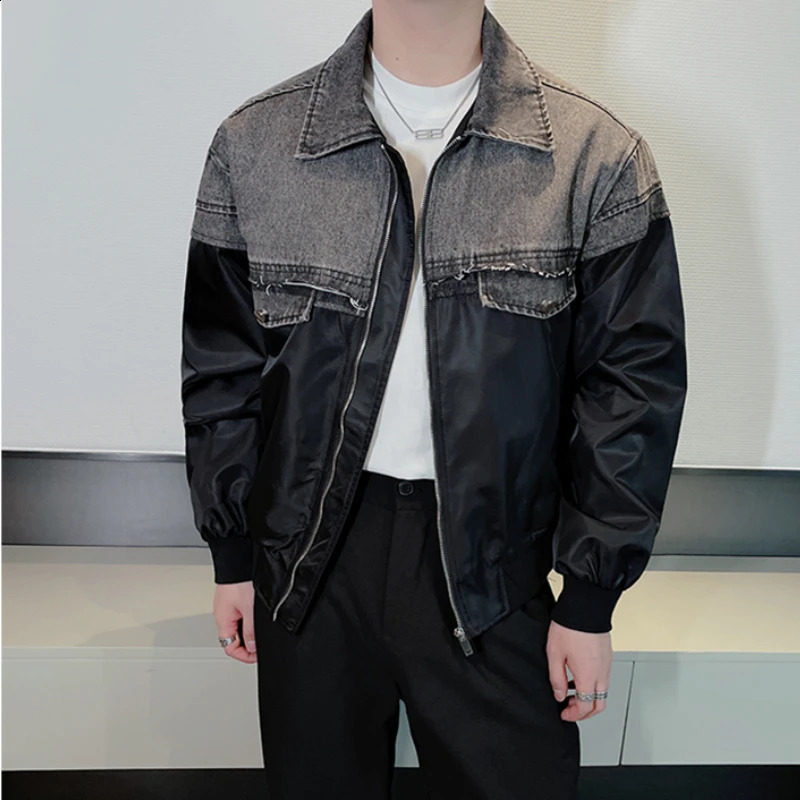 fashion patch work denim jacket mens loose casual baseball lapel streetwear social hiphop Harajuku 240921