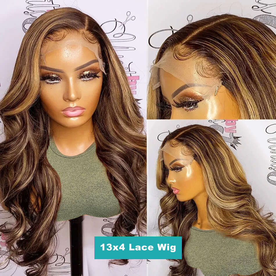 250 Density 4/27 Highlight Brown Color Body Wave 13x4 Front Transparent Lace Frontal Short Bob Human Hair Wigs