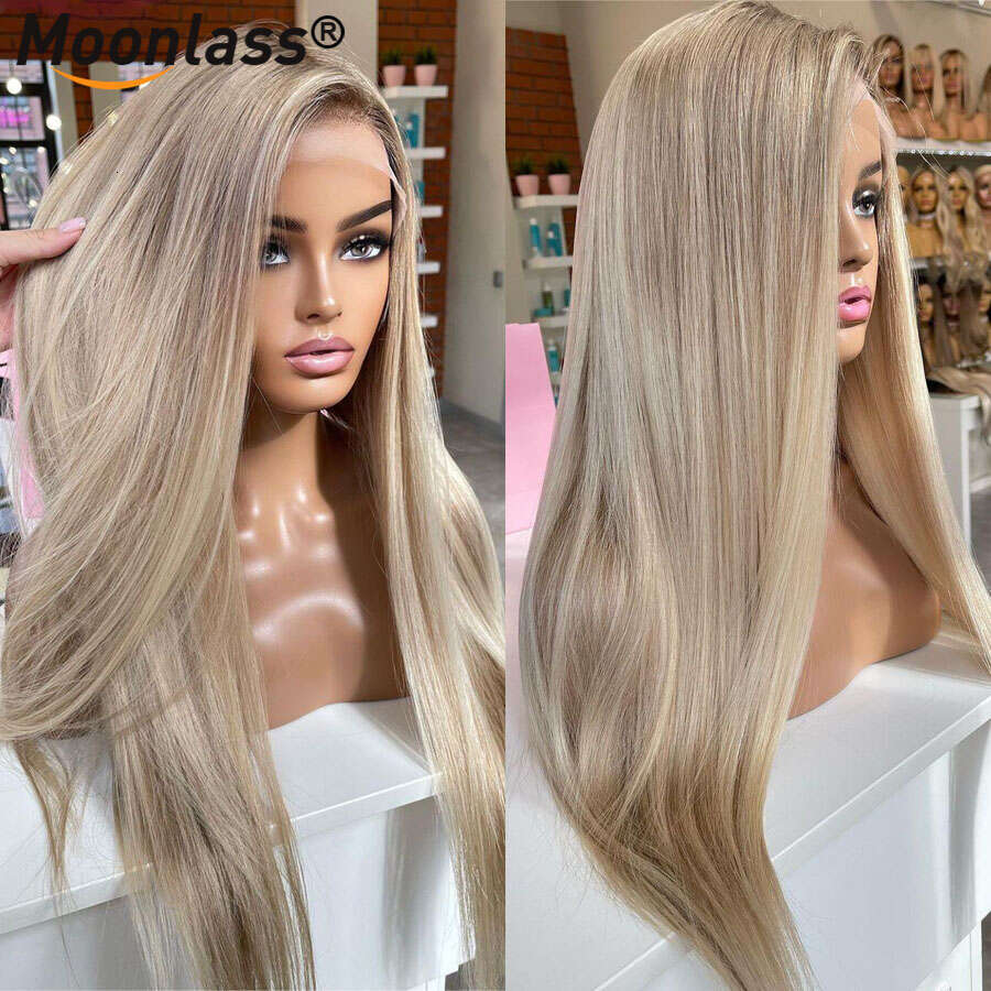 Glueless Highlight Ash Blonde Straight Wig 100% Human Hair 180 Density 13x6 Lace Front Preplucked Natural Remy Wigs