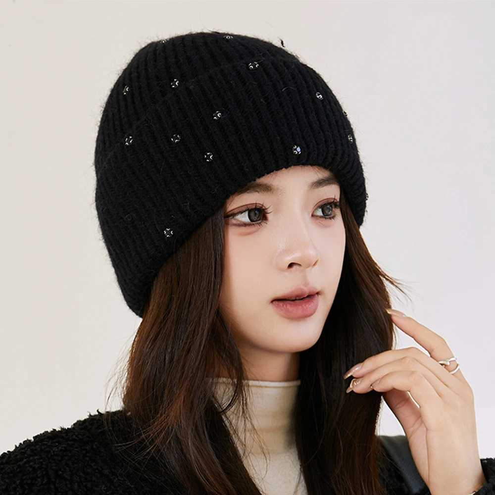 Beanie/Skull Caps New Solid Color Plush Knitted Hat for Women Winter Gradient Warm Wool C Female Pearl Beanies Outdoor Thickened Fashion Bonnet J24092