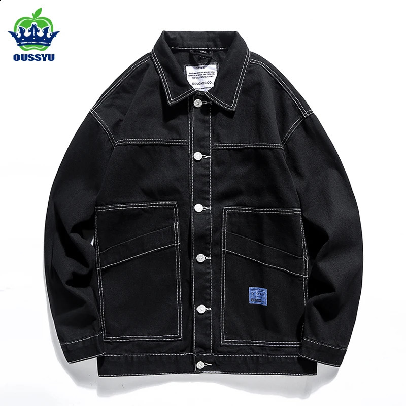 Autumn mens black denim jacket fashionable retro street style casual cotton elastic clothing 240921