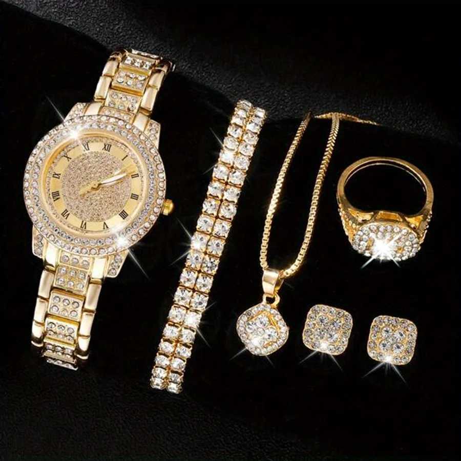 Luxury Rhinestone Quartz Watch Hiphop Fashion Analog Wrist Watch 6pcs Jewelry Set Gift For Women HerX240923