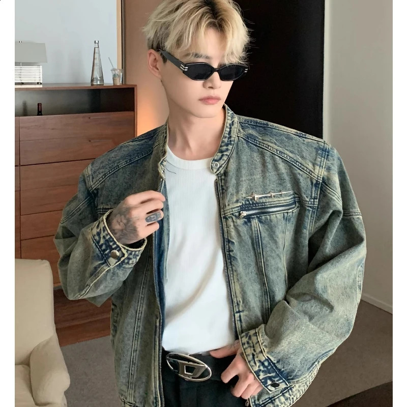 Motorcycle washed denim jacket American street hiphop metal n Distressed Coat zipper pocket loose unisex style 240921