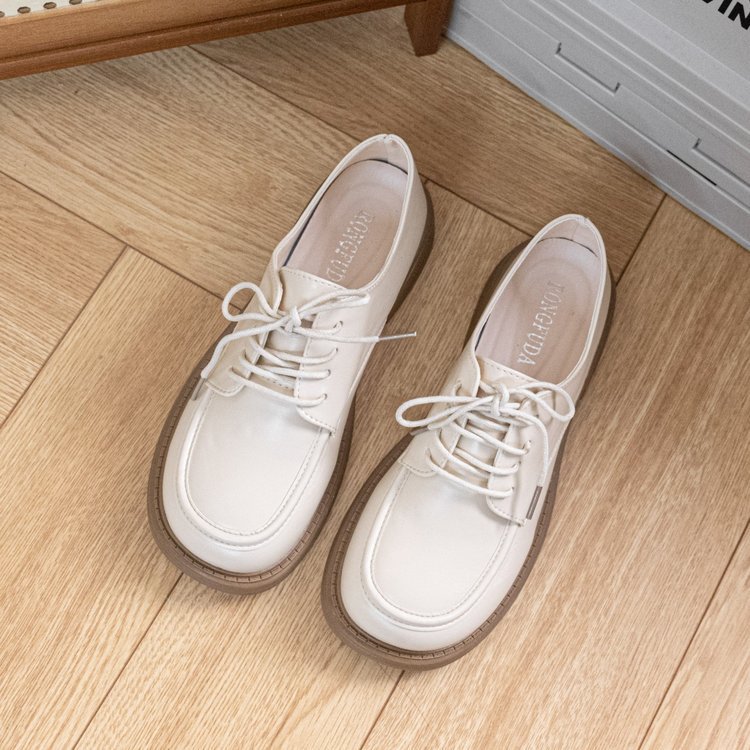 Women Casual Leather Shoes Chunky Heel Soft Sole Lace-up Vintage European Style Triple Black Beige Free shipping