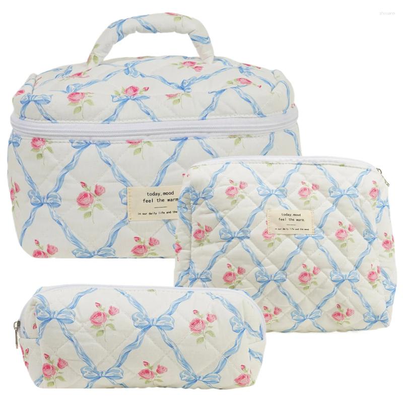 Free Shipping Cosmetic Bags 3pcs Aesthetic Organizer Set Quilted Cotton Sweet Women Makeup Pouch Cherry/heart Pattern Skincare Clutch Toiletry Bag