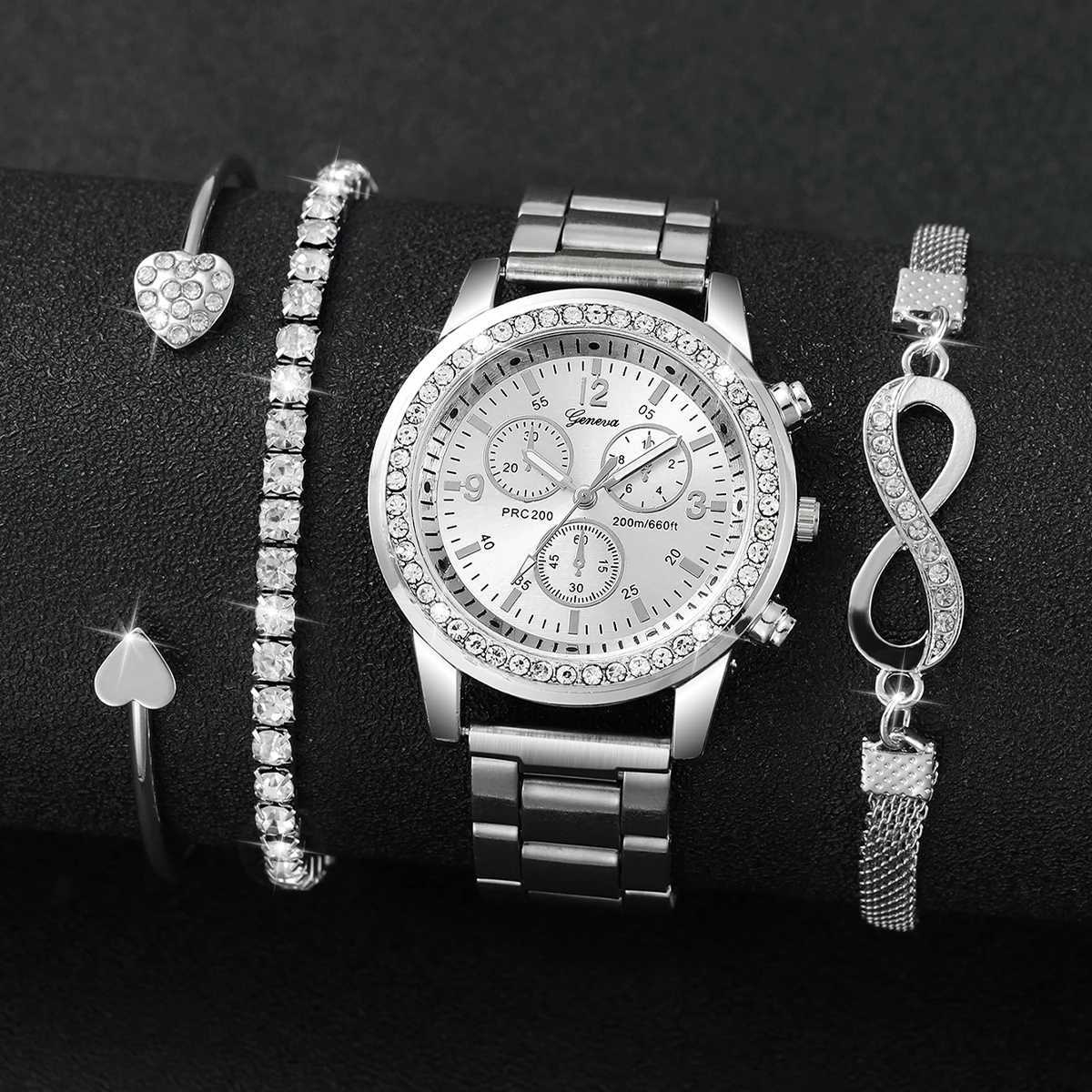 4PCS/Set Fashion Rhinestone Womens Watch Stainless Steel Band Quartz Watches Silver Bracelets Set W250724