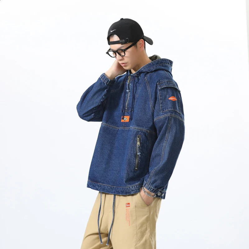 Spring Hooded Sports and Leisure Sweater 100% Cotton Loose Korean Stitching Cowboy Jacket Mens Wear 240921