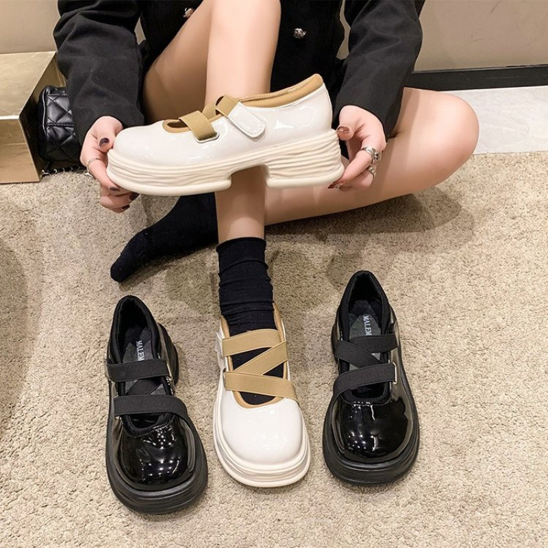 Women's Leather Chunky Heel Height Increase Casual Shoes in Black and Beige 59f8