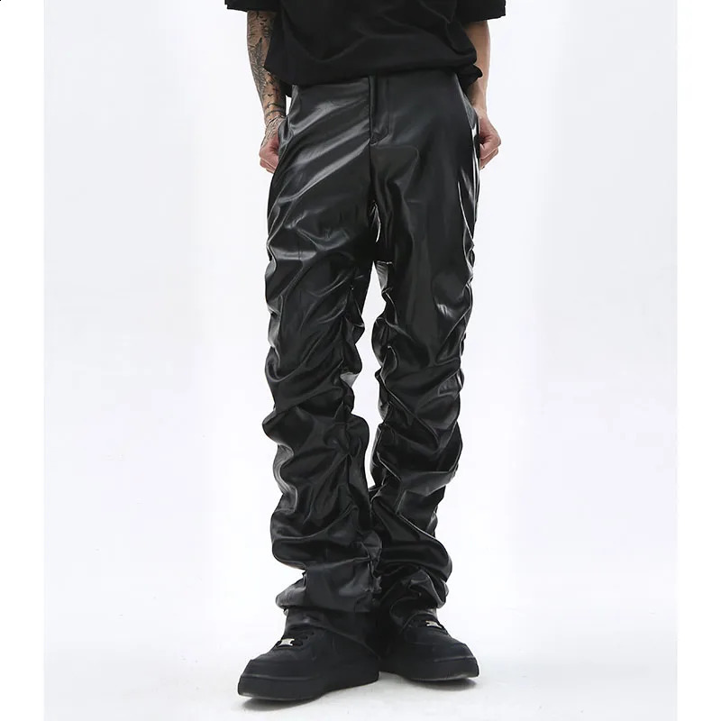 Hip Hop Mens Pleated Pu Leather Pants Harajuku Retro Streetwear Loose Ruched Casual Trousers Straight Solid Color Black Pants 240923