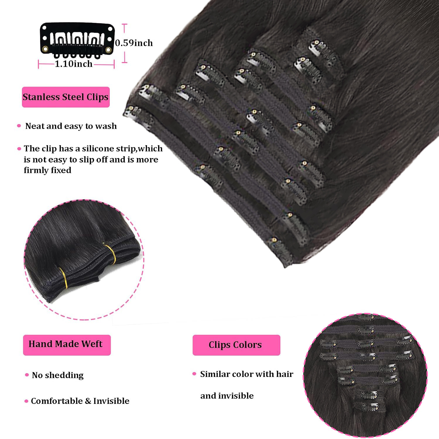 Natural Straight Clip In 100% Real Human Hair Extensions 12-26 Inch Color #1B Black 120G For Salon High Quality