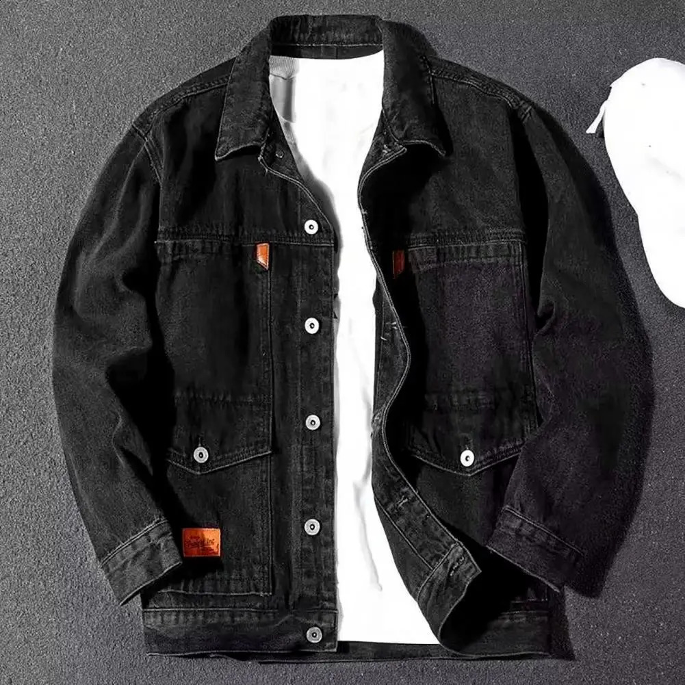 SpringAutumn Mens Denim Jacket Casual Solid Color Fashion Motorcycle Medium Length for Dating 240921