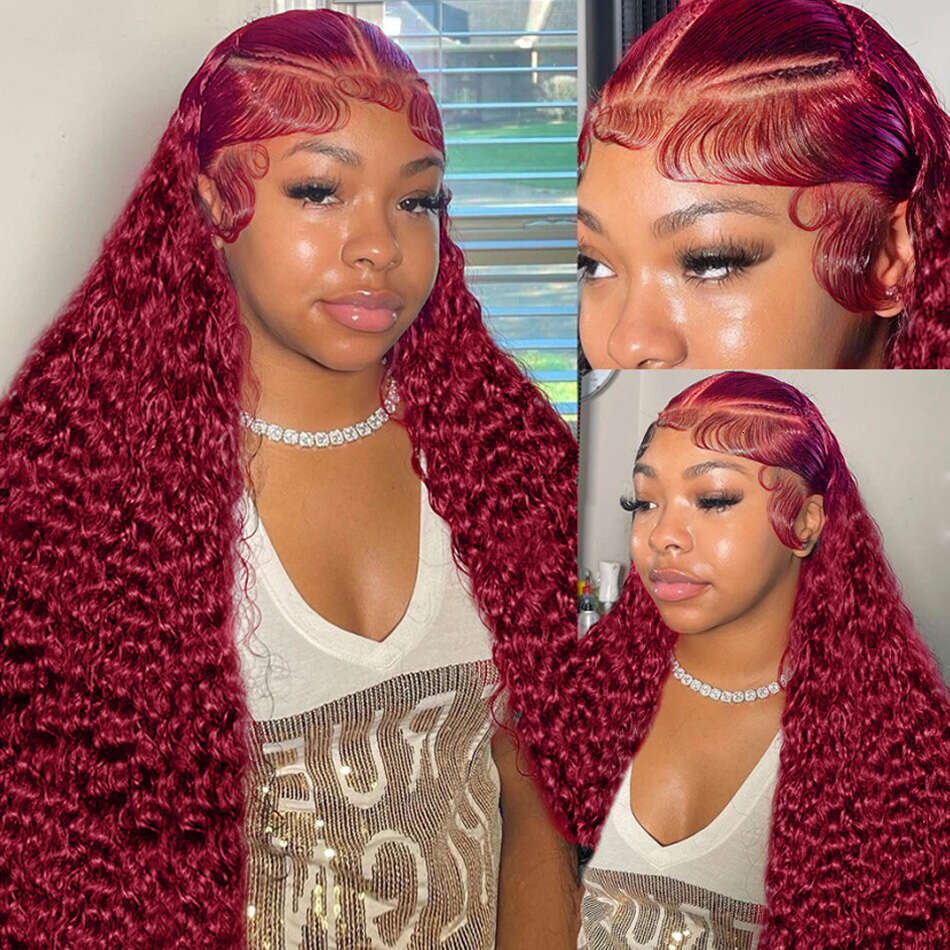99j bury water curly 250 density 13x4 frontal wig 13x6 lace front red colored deep wave human hair wigs