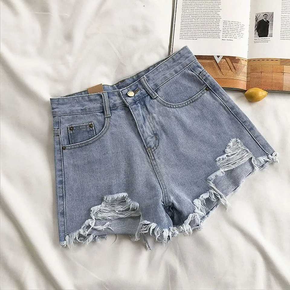 Summer Korean Womens Cowboy Shorts High Waist Casual Blue Denim Shorts Pocket Tassel Perforated Fashion Shorts Y2K Female JeansX2409