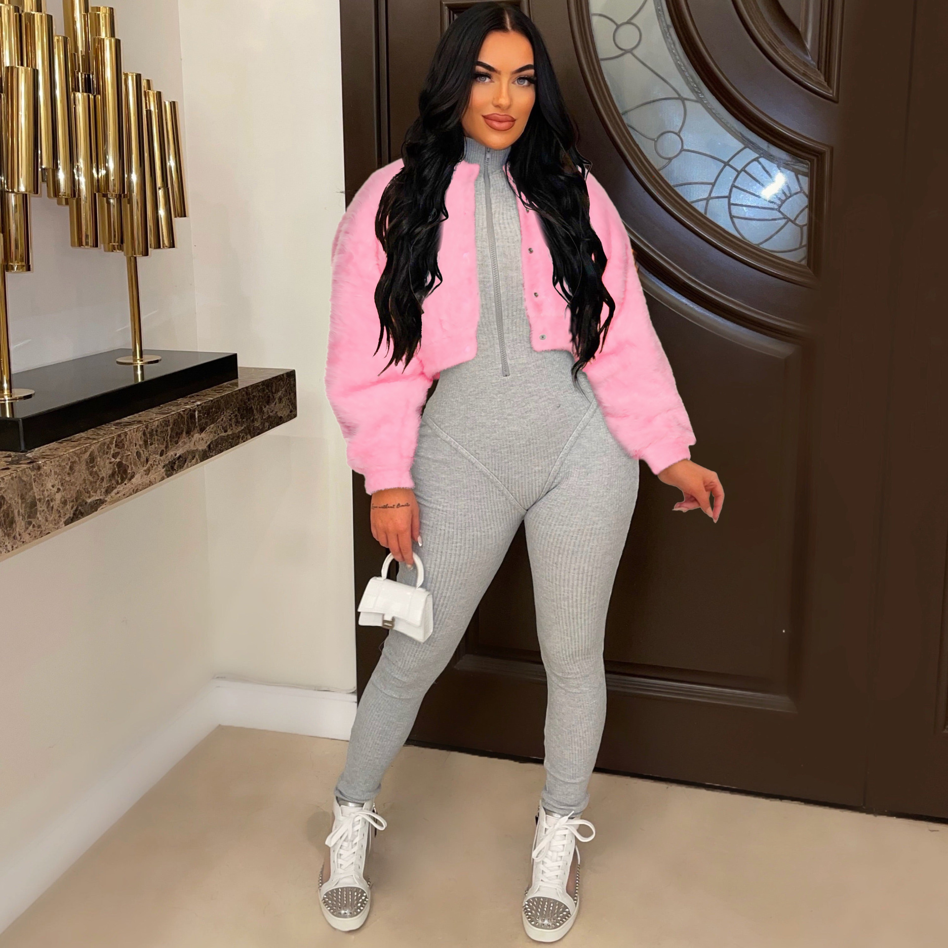 Hot selling autumn and winter women's casual and fashionable loose faux fur short jacket imitating rabbit fur jacket F0932#52 102e1