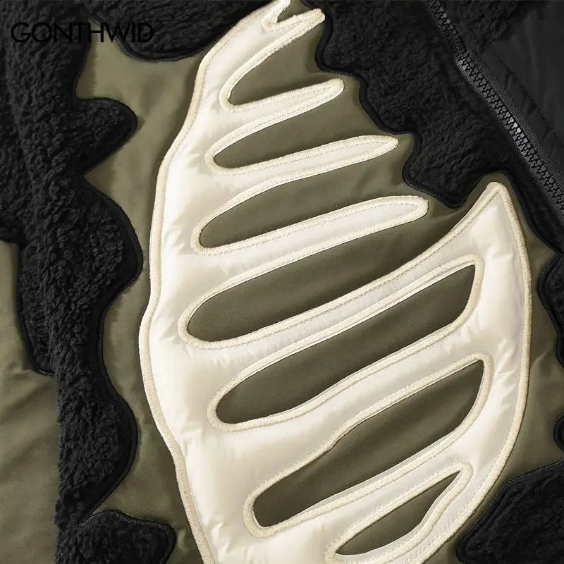 Hip Hop Fleece Warm Jacket Men Embroidery Skull Skeleton Bones Patch Lambswool Fuzzy Fluffy Coats Parka Harajuku Thicken Jackets 240914