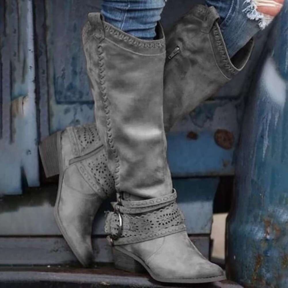 2023 New Western Cowboy Buckle Ladies Low Heel Knee High Boots Retro Hollow Out Winter Female Shoes