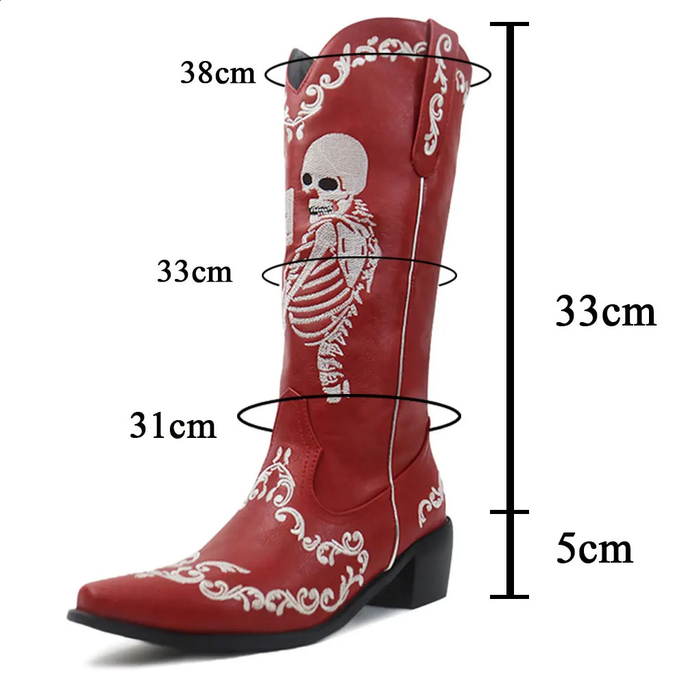 Women Skull Skeleton Selfie Cowboy Western Mid Calf Boots Pointed Toe Slip-On Stacked Heel Goth Punk Autumn Shoes 240921