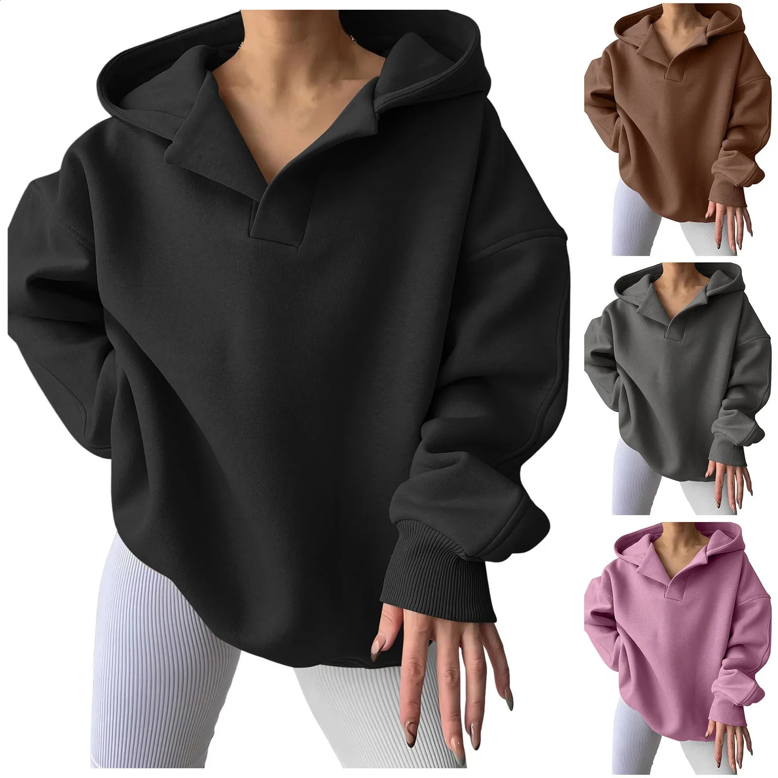Womens Vneck oversized hooded sweatshirt with pockets classic wool lining womens plain weave 240923