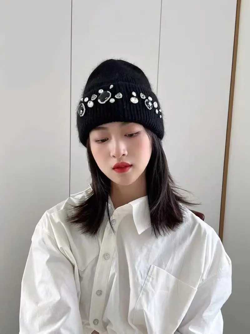 Beanie/Skull Caps Autumn and winter knitted hat rhinestone womens casual tren net red bowler hat warm versatile beanie ear hat J240923