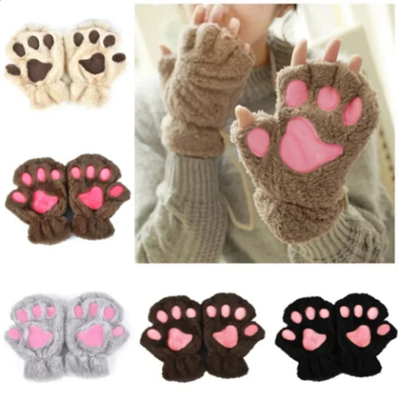 Kawaii Womens Cat Gloves Fashion Girls Cat Claw Plush Gloves Warm and Soft Plush Short Fingered Half Fingered Winter Gloves 241206