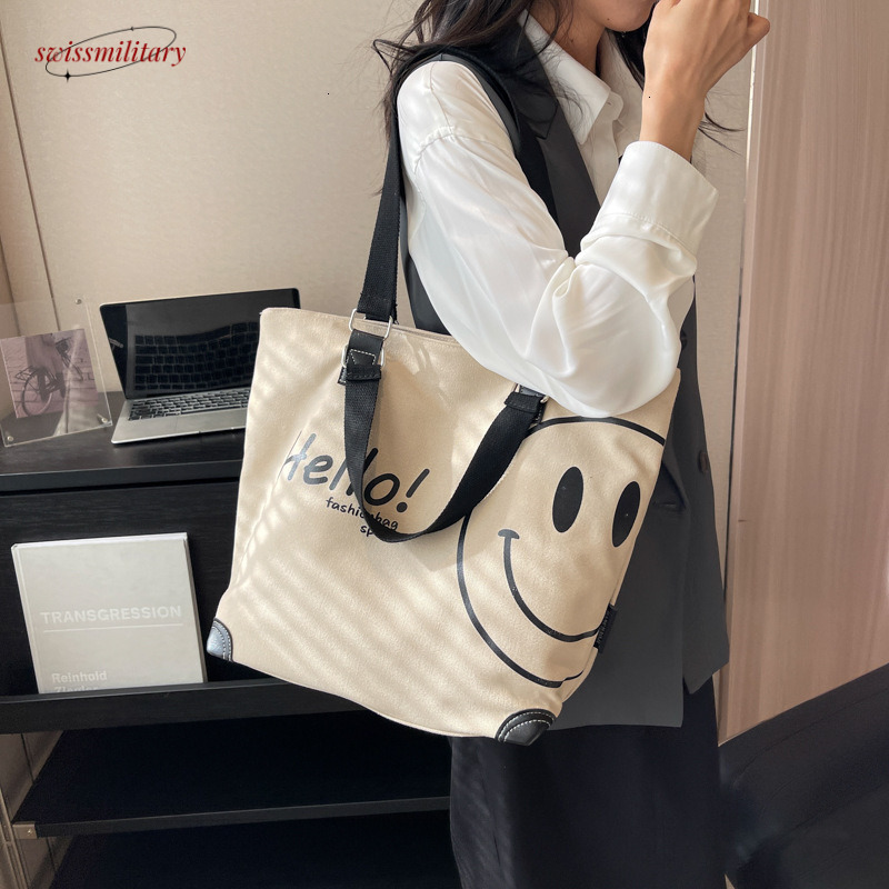 2024 new large capacity fashionable simple shoulder canvas bag Korean version casual student smig face handbag for women #27 Swissmilitary