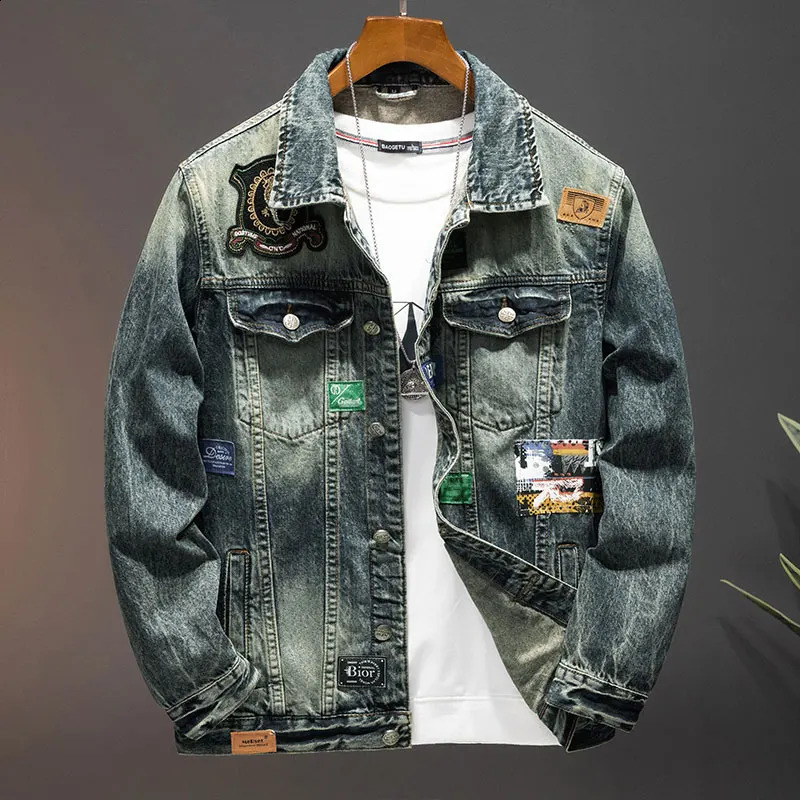 Paste fabric embroidery motorcycle denim jacket mens street retro loose fashion clothing 240921