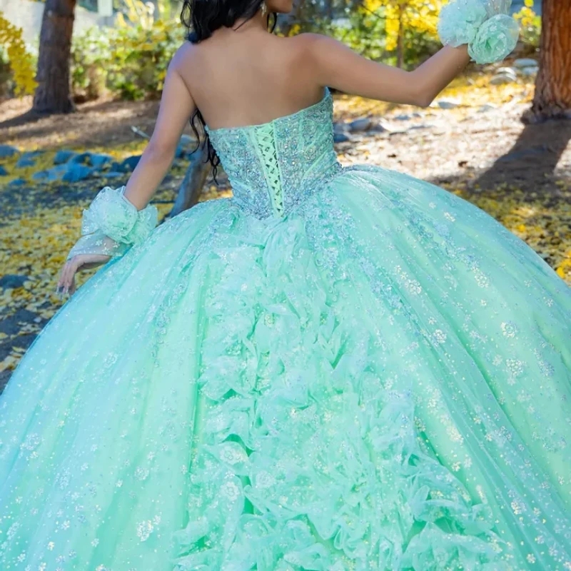 Mint Green Shiny Quinceanera Dresses Off The Shoulder Beads Crystal Tull Tiered Party Birthday Princess Sweet 16 Dress Vestidos de 15 anos