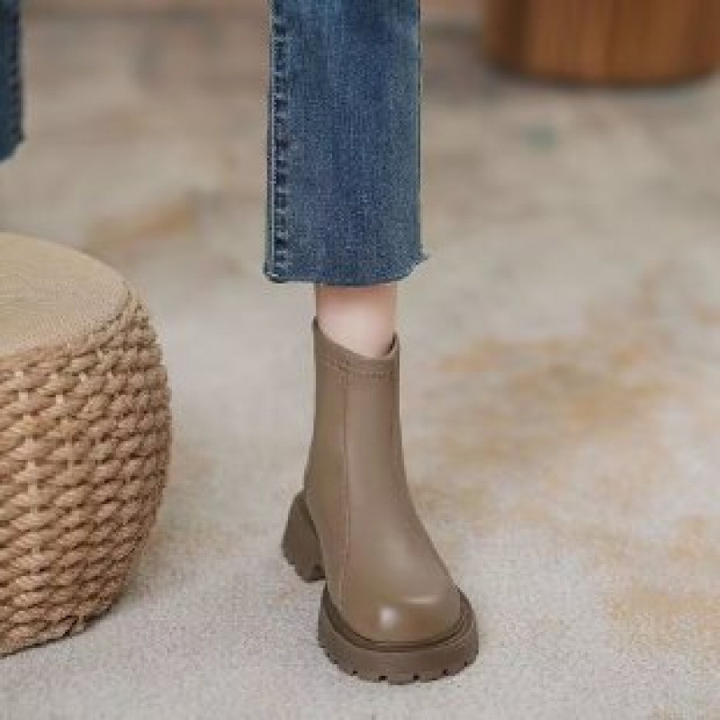 Trendy Square Toe Versatile Boots Thick Sole Height Boost Khaki Black | 2024 Winter Fashion caf1