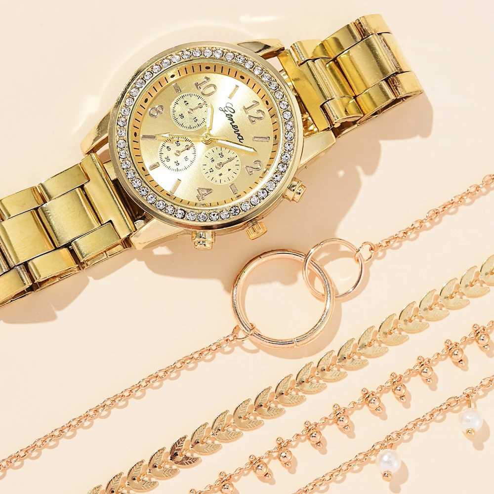 Silver Watch Set Women Fashion 5PCS Round 3 Eyes Quartz Alloy Strap Wristwatch Gift Rhinestone Watch For Women Jewelry SetX2409