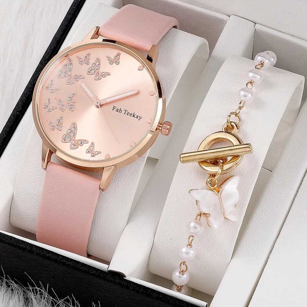 2pcs/set fashion Butterfly pattern rhinestone pu leather women wrist watchX240923